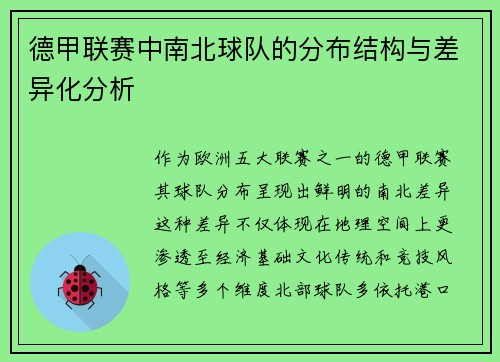 德甲联赛中南北球队的分布结构与差异化分析