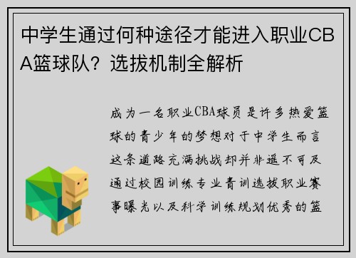 中学生通过何种途径才能进入职业CBA篮球队？选拔机制全解析