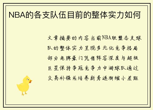 NBA的各支队伍目前的整体实力如何